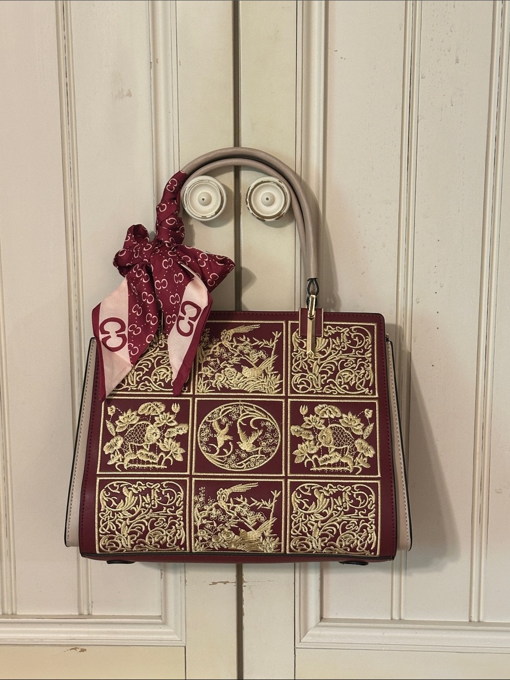 Structured Embroidered Satchel in Burgundy with Scarf Accent